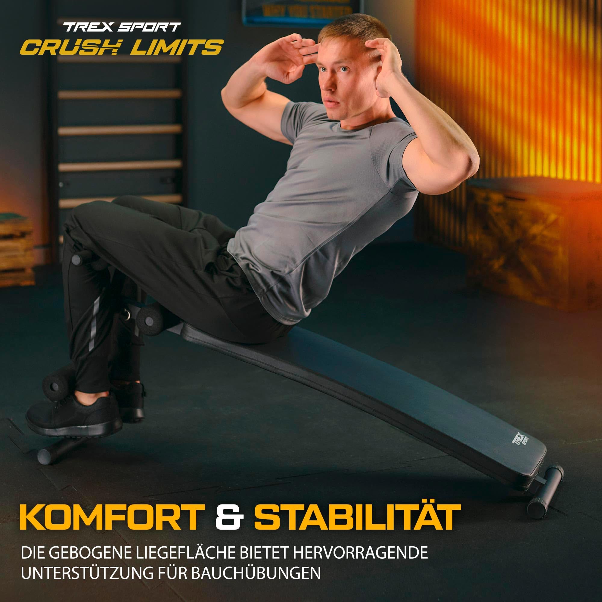 TREX SPORT Sit Up Bank klappbar Hantelbank TX-050B | Trainingsbank Schrägbank mit Beinstrecker, Griffen | Bauchtrainer & Rückentrainer für zuhause