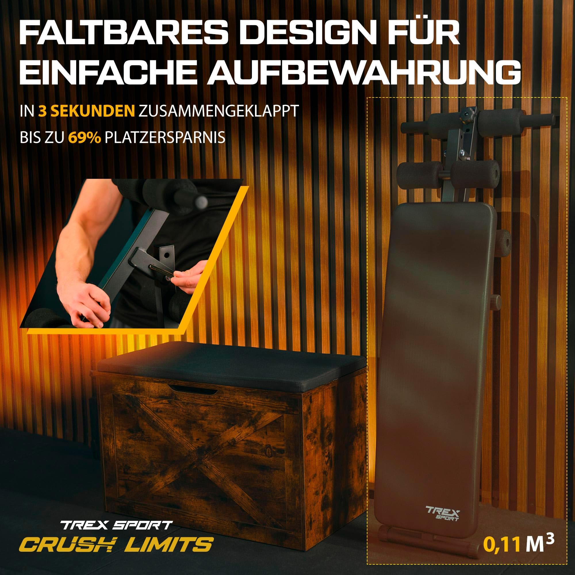 TREX SPORT Sit Up Bank klappbar Hantelbank TX-050B | Trainingsbank Schrägbank mit Beinstrecker, Griffen | Bauchtrainer & Rückentrainer für zuhause